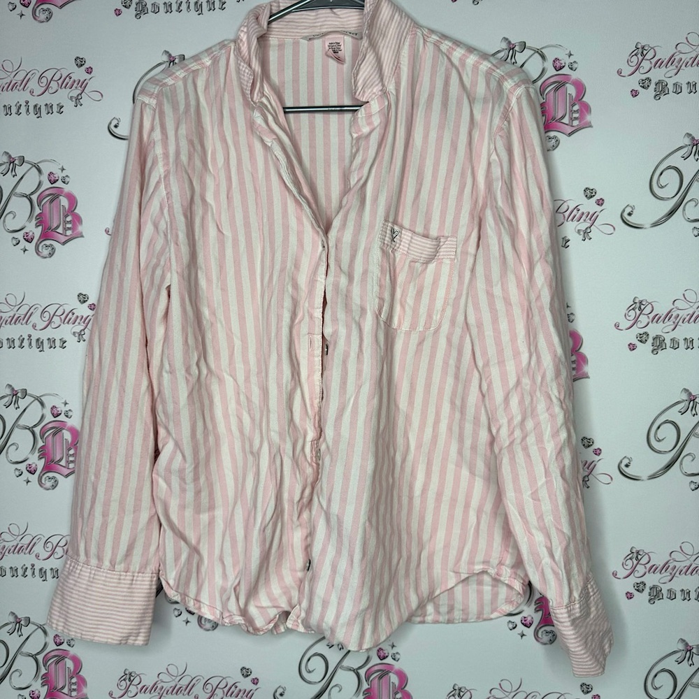 Victoria secret button down top striped pink white classic embroidery pocket